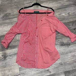 Red plaid off the shoulder button up
